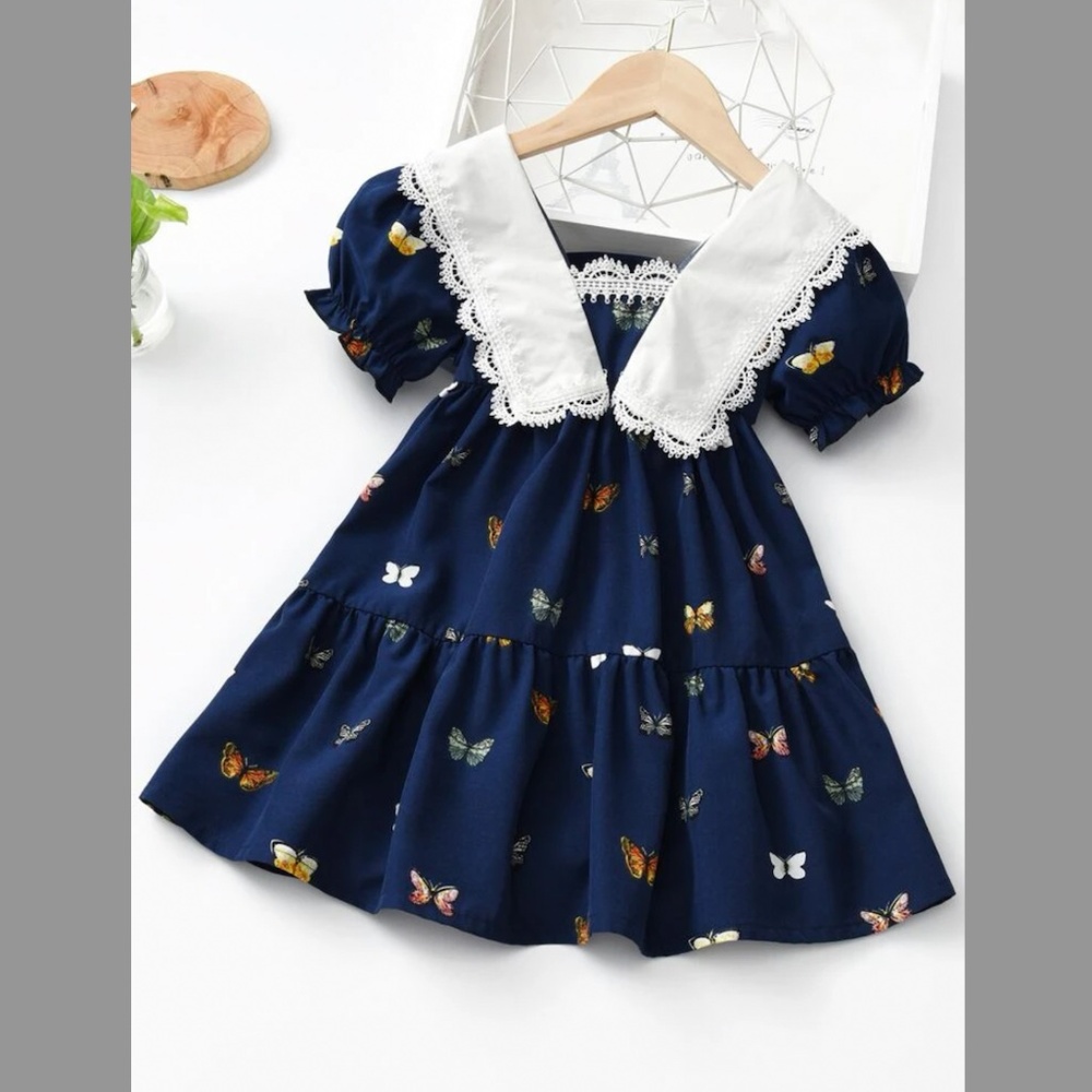 Butterfly Print Puff Sleeve Ruffle Hem Dress 5/6